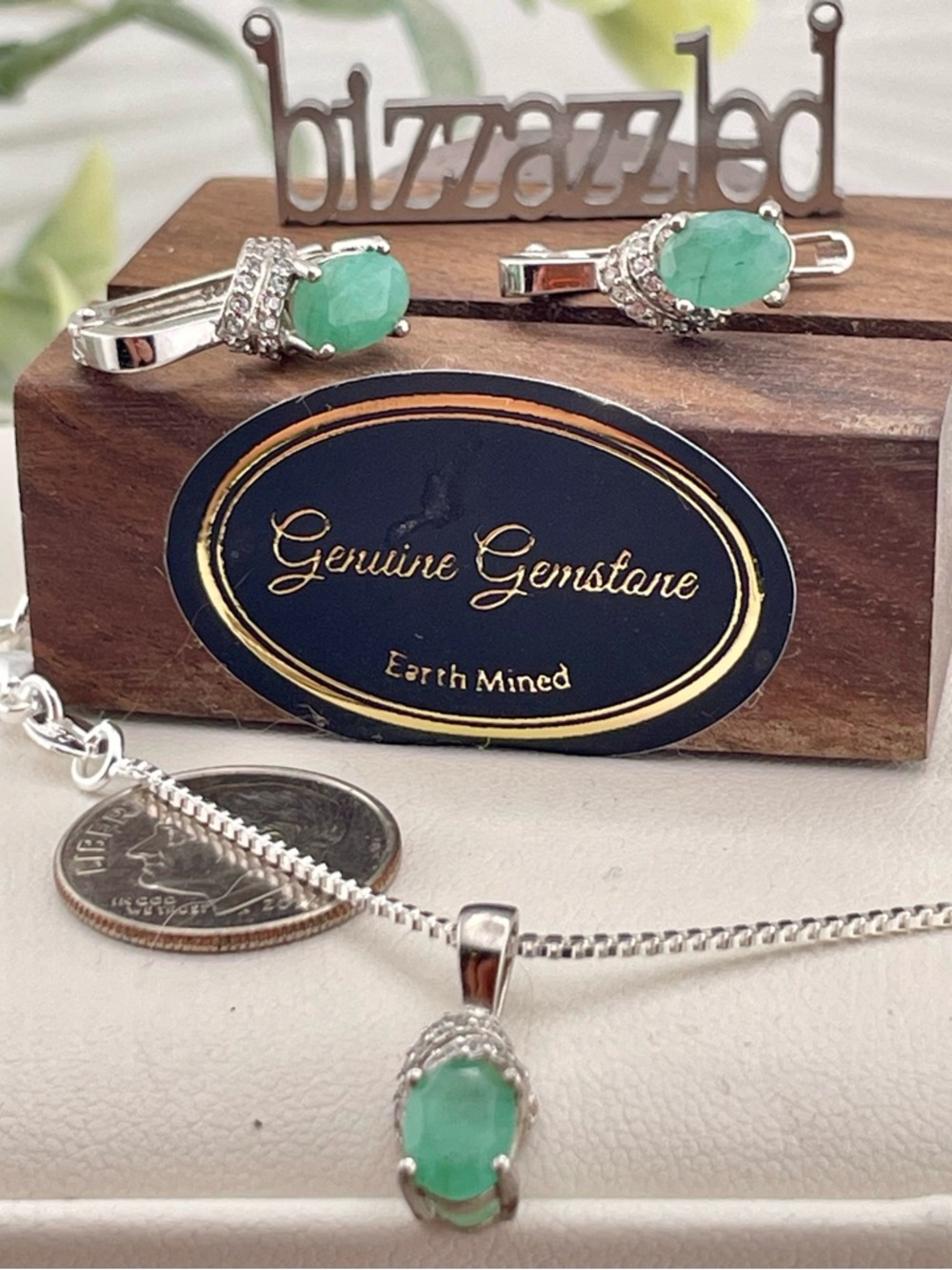 3.4ct Emerald SET‼️Pendant Topaz Earrings 925 silver